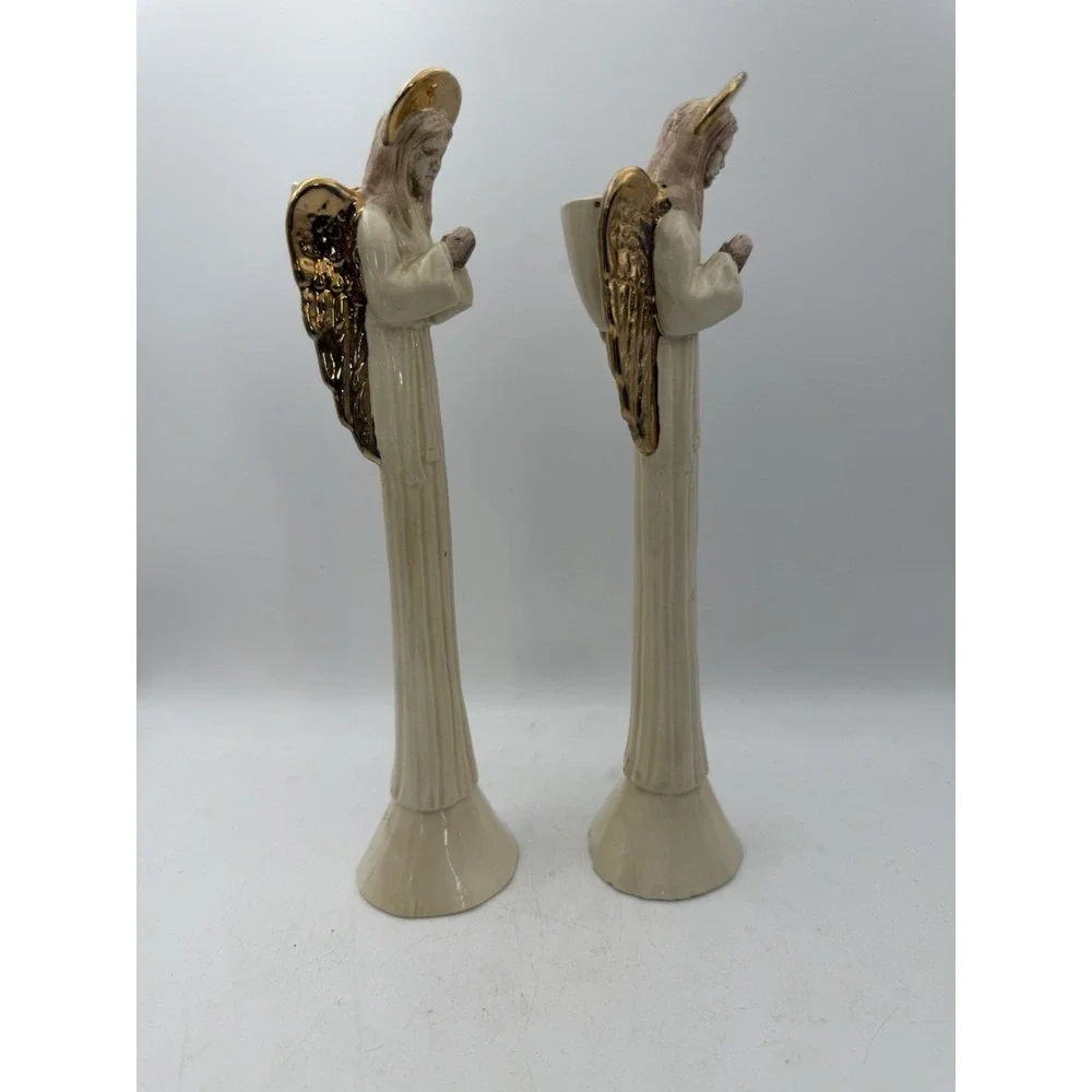 Vintage Pair Ceramic Praying Angel Pencil Candleholders Gold Wings 8.5